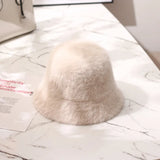 Hat winter women's fashion Solid color rabbit fur hat bucket cap  fisherman's hat retro knitted wool basin Bucket Hat