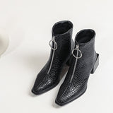 goosudu Big Size 34-48 Ankle Boots Women Silver Black Front Zipper Short Boots Ladies Thick Chunky Medium Heel Biker Boot Shoes