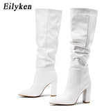 goosudu New Brand Ladies Knee-High Boot Winter Folds Warm Square Heels Shoes Fashion Sexy Long Boots Solid Color Footwear