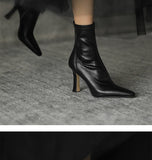 goosudu High Heels Dress Shoes Pointed Toe Bare Boots Black Booties Thin Heeled Fashion Ankle Boots Retro Ladies Shoes Botas