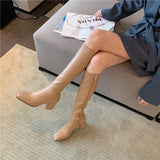 goosudu Fashion Women Sock Boots Elastic Stretch Boots Woman Square Toe Knee High Boots Side Zipper Square High Heels Black/Beige/Khaki