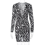 goosudu Zebra Print Long Sleeve V-Neck Bandage Sexy Mini Dress Autumn Winter Women Fashion Streetwear Outfits Party Wear