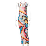 goosudu   Sleeveless Hollow Out Straps Asymmetric Print Backless Ruched Sexy Maxi Dress Summer Women Streetwear Y2K