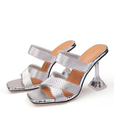 Silver Snake Print Womens Slippers Sandals Fashion Square Toe Transparent Strange Heels Mules Party Shoes Female Size 34-46