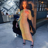 goosudu Slip Long Sleeves Sexy See Through Bodycon Maxi Dress  Summer Fall Women Fashion Club Color Print Clothes Y2K Robe