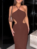 goosudu Ribbed Halter Hollow Out Backless Skinny Maxi Dress  Bodycon Sexy Streetwear Evening Party Club Elegant Clothing