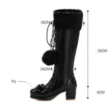 Lolita High Boots Winter Warm Fur Neck Girls Cosplay Party JK Princess Shoes Lace Up Bowtie Chunky Heel Side Zipper PU Leather