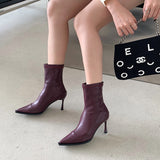 goosudu Fashion Women Sock Boots Pointed Toe Slip On Stretch Booties Black/Purple/White/Brown Thin High Heels Elegant Autumn Winter Boot