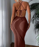 goosudu Ribbed Halter Hollow Out Backless Skinny Maxi Dress  Bodycon Sexy Streetwear Evening Party Club Elegant Clothing