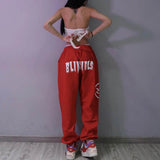 goosudu  Summer hip-hop Letter printing graphic sweatpants Red pants for women Y2K Harajuku high waist loose casual pants Trousers