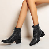 Big Size 34-48 Ankle Boots Women Silver Black Front Zipper Short Boots Ladies Thick Chunky Medium Heel Biker Boot Shoes