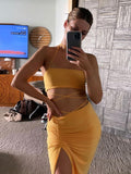 Strapless Crop Top and Long Dress Two Piece Set Yellow Women Summer Outfits Slit Party Club Vacation Beach Maxi Dress