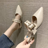 goosudu  Elegant Mules Women Closed Leather Casual Slippers Woman Metal Buckle High Heels Female Pointed Toe Shoes