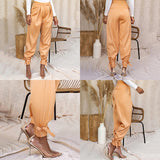 Goosudu  Satin Lace Up High Waist Harem Pants Zipper Women Autumn Pleated Loose Pockets Long Trousers Casual Office Ladies Pant