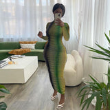 goosudu Slip Long Sleeves Sexy See Through Bodycon Maxi Dress  Summer Fall Women Fashion Club Color Print Clothes Y2K Robe