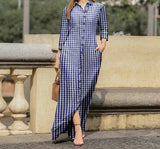 goosudu  Women Long Sleeve Long Maxi Dress Summer Vintage Checked Plaid Turn Down Neck Shirt Dresses Button Up Party Vestidos Robe