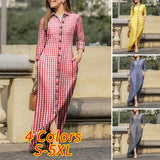 goosudu  Women Long Sleeve Long Maxi Dress Summer Vintage Checked Plaid Turn Down Neck Shirt Dresses Button Up Party Vestidos Robe