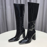 goosudu Kendall style Women motorcyle boots Fashion Square toe Knee high boots Autumn Winter Warm patent leather High heels boots shoes