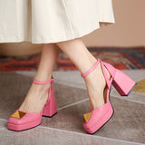 goosudu Women Shoes Summer  Leather Thick High Heels Platform Shoes Black Beige Sweet Dress Party Wedding Mary Janes Pumps