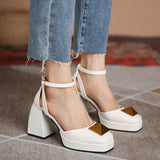 goosudu Women Shoes Summer  Leather Thick High Heels Platform Shoes Black Beige Sweet Dress Party Wedding Mary Janes Pumps