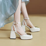 goosudu Women Shoes Summer  Leather Thick High Heels Platform Shoes Black Beige Sweet Dress Party Wedding Mary Janes Pumps