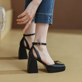 goosudu Women Shoes Summer  Leather Thick High Heels Platform Shoes Black Beige Sweet Dress Party Wedding Mary Janes Pumps