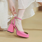 goosudu Women Shoes Summer  Leather Thick High Heels Platform Shoes Black Beige Sweet Dress Party Wedding Mary Janes Pumps