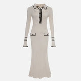 Ruffled Fashion Knit Dress Women Autumn Ribbed Contrast Long Sleeve High Waist Lapel Gown Dress Knitwear Ladies Maxi Dress