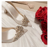 goosudu Spring New White Women Bridal Wedding Shoes Faux Silk Satin Rhinestone Crystal Shallow Pumps Stiletto High Heel T