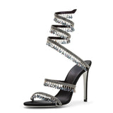 Brand Women's Serpentine Winding Tape Crystal Sandals High Heel Ankle Snake-shaped Lace-ups Sexy Rhinestone Woman's Shoes 34-43