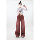 Women's Vintage Red Baggy Jeans 90s Aesthetic High Waist Denim Trousers Korean 2000s Y2k Harajuku Wide Pants Trashy Clothes