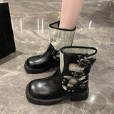 Metal Decor Chunky Platform Ankle Boots Women  Autumn Patchwork Thick Bottom Motorcycle Boots Woman Pu Leather Short Booties