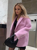 Pink Lapel Woolen Elegant Women Autumn Winter Coat Long Sleeve Single Breasted Loose Oversized Jacket Chic Casual Outwears