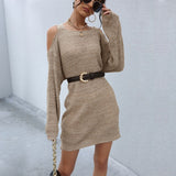 Jenvon Coran Women Autumn Winter Knited Sweater Dresses,  Pullover Tunics, Female Sexy Off The Shoulder Long Sleeve Mini Dress.