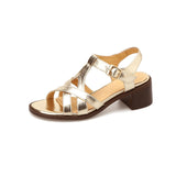 Women Sandals Thick Heels Genuine Leather Ankle Strap Shoes Woman Office Ladies Party Casual Golden Pumps Spring Summer Fashion