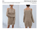 Jenvon Coran Women Autumn Winter Knited Sweater Dresses,  Pullover Tunics, Female Sexy Off The Shoulder Long Sleeve Mini Dress.