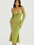 goosudu  Elegant Halter Midi Dress for Women Summer Sexy Backless Club Party Green Mesh Sheer Dresses Gown Vestido Clothes