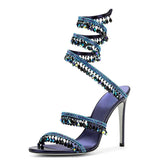 Brand Women's Serpentine Winding Tape Crystal Sandals High Heel Ankle Snake-shaped Lace-ups Sexy Rhinestone Woman's Shoes 34-43