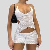 Two Piece Set Chic Women V Neck Halter Camis Tops Sexy Chest Wrap Backless Tie Up Bandage Crop Tops + Mini Pencil Skirt White