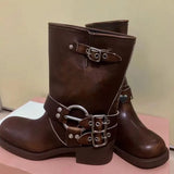 Rimocy Fashion Buckle Motorcycle Boots Women Round Toe Med Heels Ankle Boots Woman Pu Leather Square Heel Autumn Booties