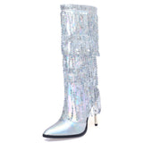 Fashion Pointed Toe Fringe Sequined Mid Calf Boots For Women Zip Metallic Glitter Sexy Elegant Dress Long Shoes