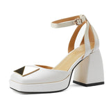 goosudu Women Shoes Summer  Leather Thick High Heels Platform Shoes Black Beige Sweet Dress Party Wedding Mary Janes Pumps