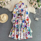 Women's Elegant Long Sleeve Floral Shirt Dress Spring Autumn Single Breasted Long Dress Lady Streetwear Holiday