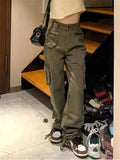 High Street Retro Pocket Cargo Pants Women Army Green Loose High Waist Sweatpants American Casual Y2K Woman Pants Autumn