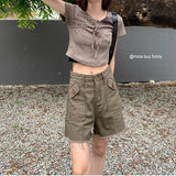 Khaki Women's Cargo Denim Short Pants High Waist Wide Leg American Streetwear Summer Vintage Casual Baggy Straight Cargo Trouser