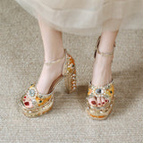 goosudu Luxury Gold Metallic Women Sandals Studded Square Heels Female Shoes Platform Flower Crystal Sexy Peep Toe Summer Ladies Pumps