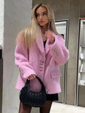 Pink Lapel Woolen Elegant Women Autumn Winter Coat Long Sleeve Single Breasted Loose Oversized Jacket Chic Casual Outwears