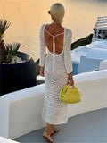 Backless Tie Up Knit Crochet Beach Long Dress Women Fall Spring Hollow-Out O-Neck Wrap Bodycon Dress Holiday Party Wear