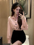 Pink Blouses Women Button Up Shirts French Embroidery Floral Loose Long Sleeve Cotton Casual Spring Sweet Chic Tops