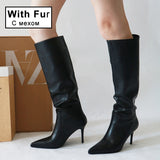 goosudu Ins Women Real Leather Knee High Boots For Women Winter Shoes Sexy Party Thin Heel Boots Ladies Footwear Size 34-43